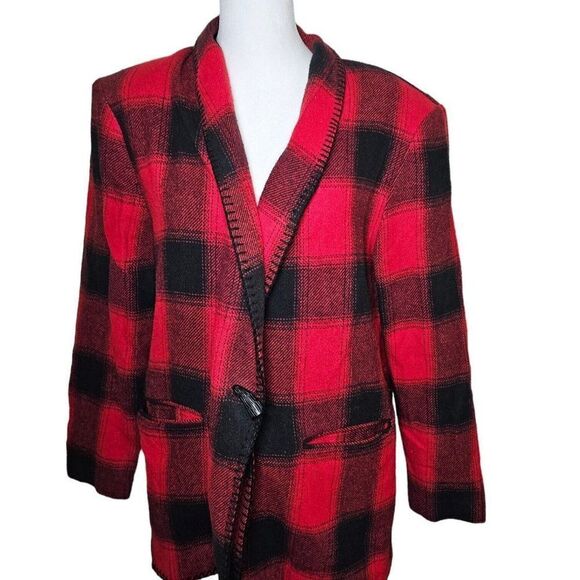 Vintage 90s David Paul New York Blazer Jacket Womens Size M Red Buffalo Plaid - Picture 1 of 8